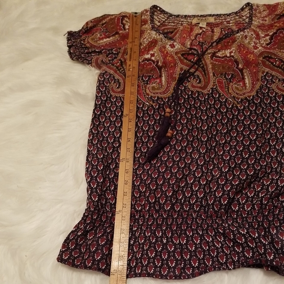 Vintage America Boho Short Sleeve Wood Bead Tassel Paisley Print Purple Size Sm - Picture 8 of 9